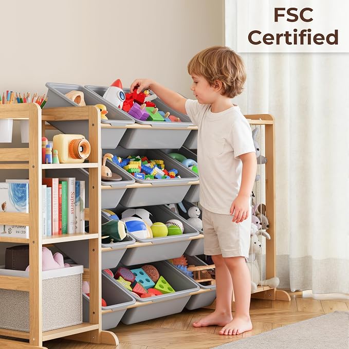 Toy Storage Organizer with Bookshelf and Stuffed Animal Storage - Kids Playroom Organization with Shelves and 12 Toy Bins - Toddler Living Room Toy Box for Lego - Nursery Bedroom Decor Essential