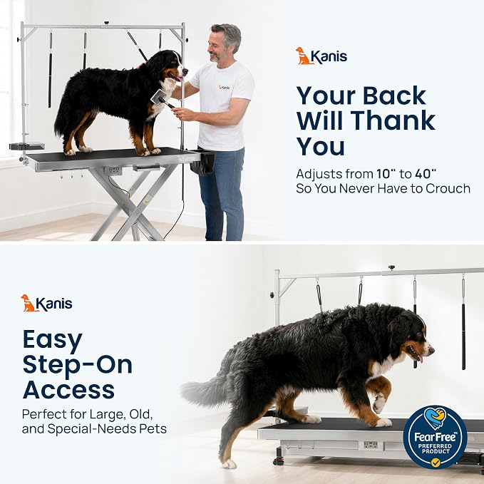 49" Professional Electric Dog Grooming Table, 304 Steel, Heavy Duty | Adjustable Table for Pet Grooming, 10-40in Quiet Lift, Grooming Arm, AC/USB Power Hub, Anti-Slip Surface, Leveling Wheels