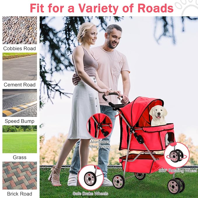 BLKMTY Folding Dog Stroller, 3 Wheels Pet Stroller, Foldable Cat Strollers Waterproof Travel Carrier Strolling Cart for Puppy Jogger with Cup Holder & Storage Basket, Red