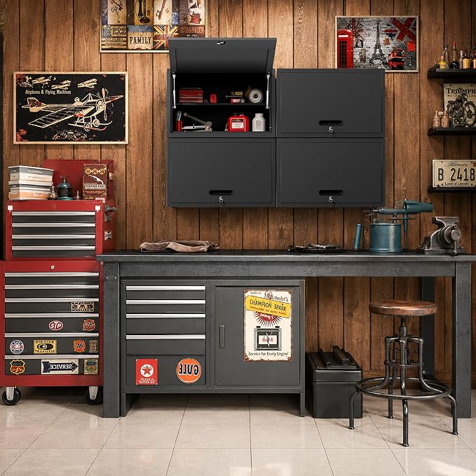 Metal Storage Cabinet for Garage, Tool Cabinet, Utility Cabinet | Wall Mounted, Hanging Tool Cabinet, Lockable, Flip-up Cabinet Door, 2 Tier Shelf, Assembly Required, Black