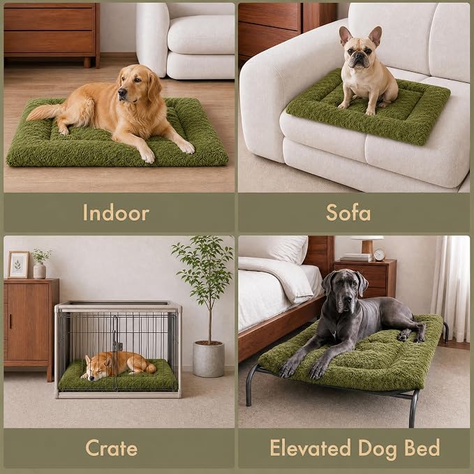 Exsnugy Washable Dog Bed Mat Large Size Fluffy Pet Crate Pad 48x30 XXL | Non-Slip Bottom Kennel Beds Ultra Soft Comfy Sleeping Mattress for Large Medium Small Dogs Green