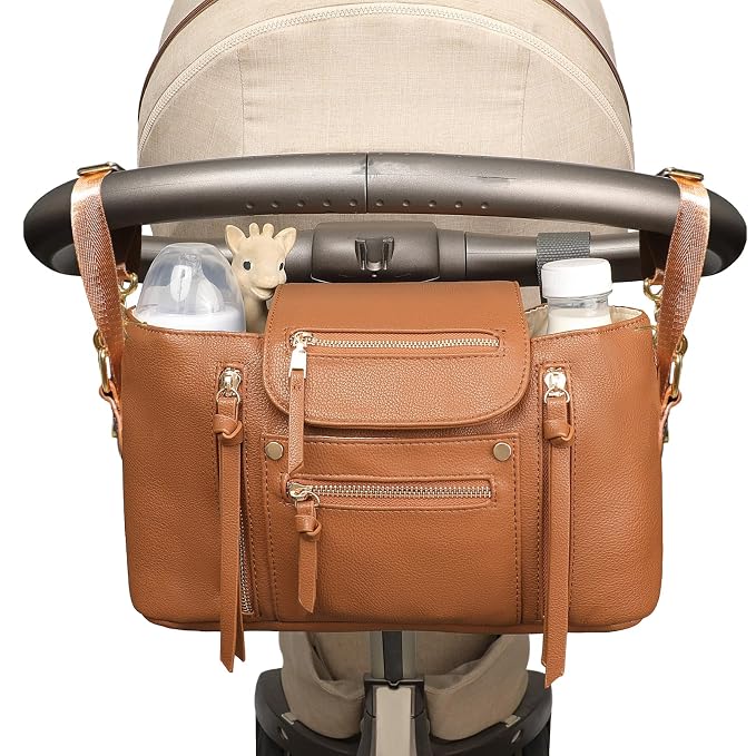 miss fong Universal Stroller Organizer with Insulated Cup Holder Stroller Caddy Baby Storage Bag with Adjustable Strap, Fits for Baby Carriage like Uppababy, Baby Jogger, Britax, Umbrella-Brown