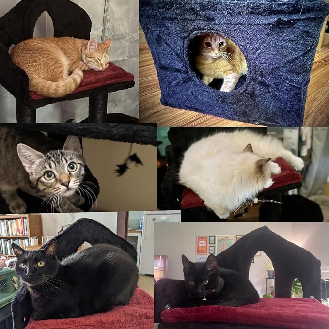 Gothic Cat Tree with Coffin Bed, Cat Tower with Scratching Post, Goth Cat Tower with Spacious Cat Condo Black Cat Tree with Regal Throne Bed, Black Spider Figurine
