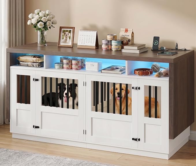Furniture Dog Crate, 71" Double Dog Crate Furniture Brown & White | with Divider & Power Outlet, Heavy Duty Dog Kennel Furniture for Medium Dogs, Wooden Large Dog Crate with Storage