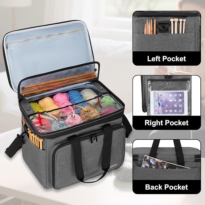 Teamoy Crochet Bag, Knitting Bag Yarn Storage Tote, Yarn Organizer, Gray | Yarn Holder for Crocheting, with Inner Divider and Cover, for Yarn Skeins, Project, Knitting Needles, and Crochet Supplies
