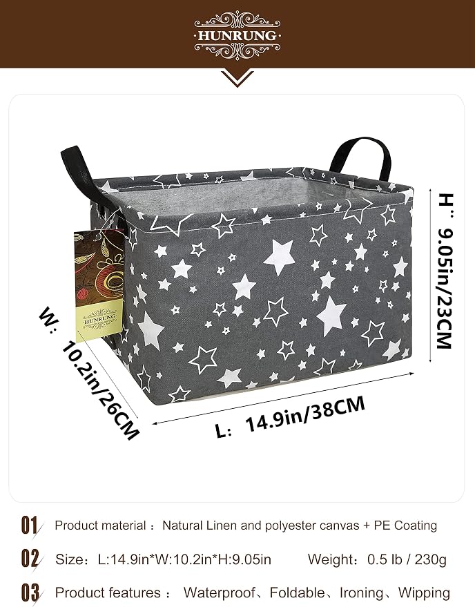 Rectangle Foldable Storage Basket Handles For Home, Grey star | Waterproof reinforced handles, perfect for shelf use, organizes clothes, daily items and pet supplies