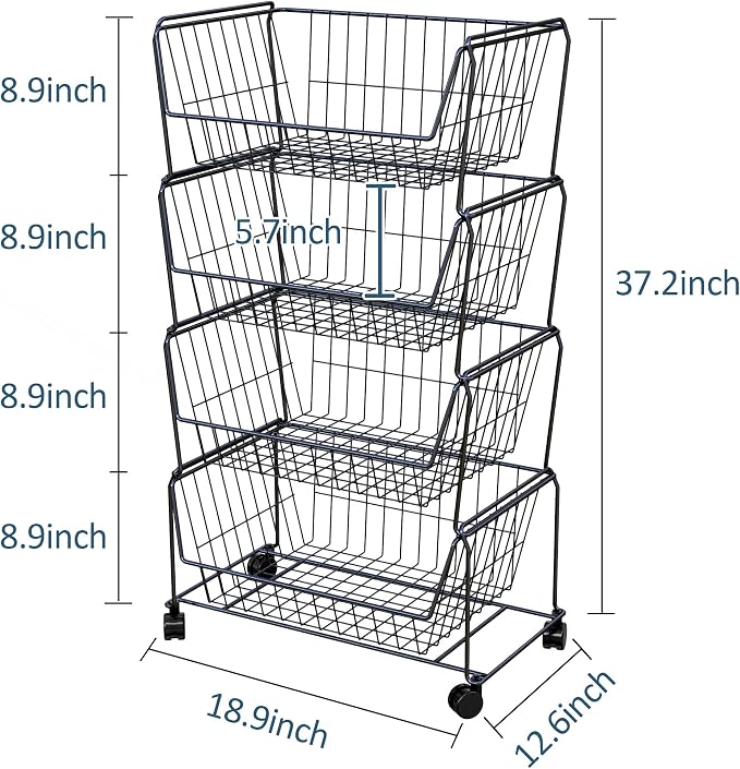 PUSDON 4-Tier Large Stackable Wire Storage Baskets with Wheels, Metal Rolling Utility Cart Organizer, Produce Basket for Kitchen Pantry, Floor Shelf, Matte Black