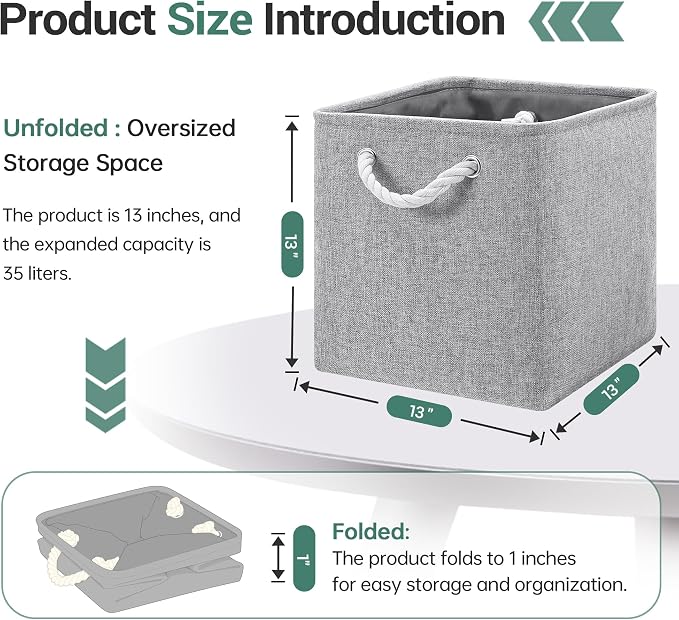 ECDYQXVU 13x13x13 Inch Storage Cube Bins Foldable Organizer Baskets 6 Pack | Soft Cotton Handles, Premium EVA Fabric, Hard Cardboard Bottom, Sturdy Metal Rim, Closet Shelf, Living Room, Bedroom, Laundry