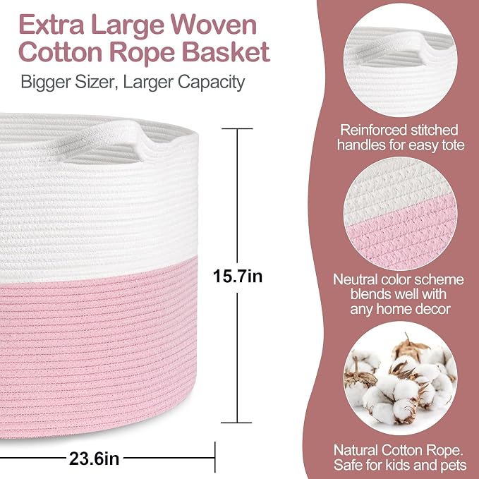MEGASKET 115L Pink Basket for Organizing, 23.6“x15.7" XXXL Blanket Storage for Living Room, Extra Large Toy Box, Soft Woven Cotton Rope Bin, Decorative Baby Nursery Basket, Girls Pink Room Decor