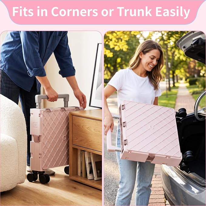 Foldable Shopping Cart with Wheels: Cat-Style Rolling Utility Crate | Adjustable Handle, Clear Window, All-Terrain Wheels, Grocery Trolley for Teacher, Market, Office, Luggage, Laundry, Garden