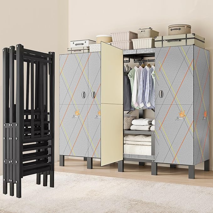 49.2in Heavy Duty Portable Closet with Cover, 1500lbs Foldable Covered Metal Clothing Wardrobe Closet System, Heavy Duty Garment Rack for Hanging Clothes, for Bedroom, Apartment, Rental Property,Gray