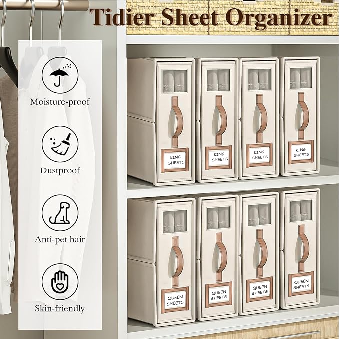 4 Pack Foldable Bed Sheets Set Organizers and Storage(King & Queen Size),Linen Fabric Closet Organizers with Window,Folding Bedding Storage Box for Bedsheets and Pillow Cube Organizer-Beige