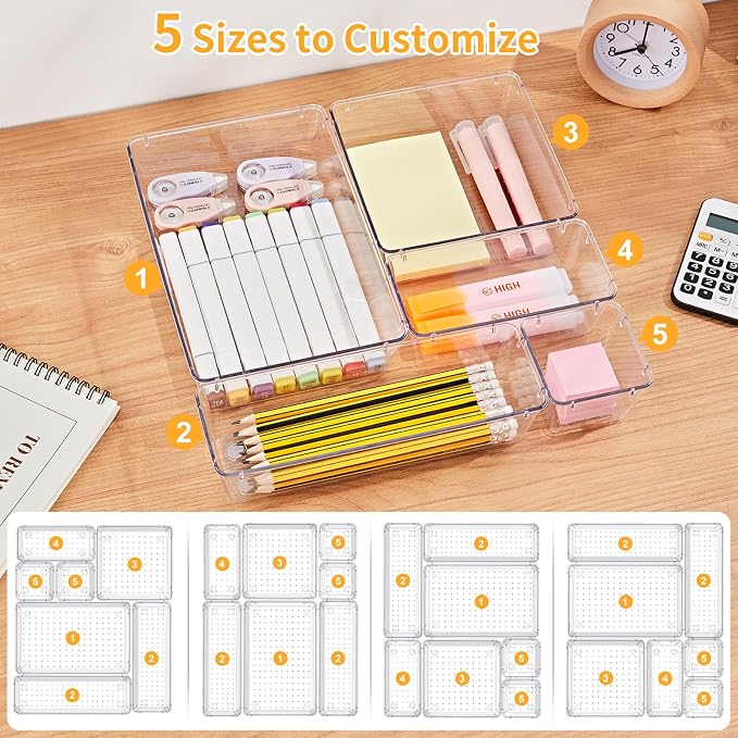 SMARTAKE 13-Piece Drawer Organizers with Non-Slip Silicone Pads, 5-Size | Clear Desk Bathroom Drawer Organizer Trays Storage Tray for Makeup, Jewelry, Utensils in Bedroom Dresser, Office and Kitchen