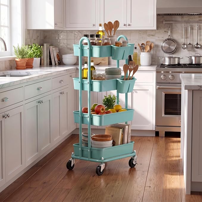 Simple Houseware 4-Tier Rolling Utility Cart with Hanging Bucket, Turquoise | Storage for Bathroom, Kitchen, Office, Study Room, Nursery Diaper