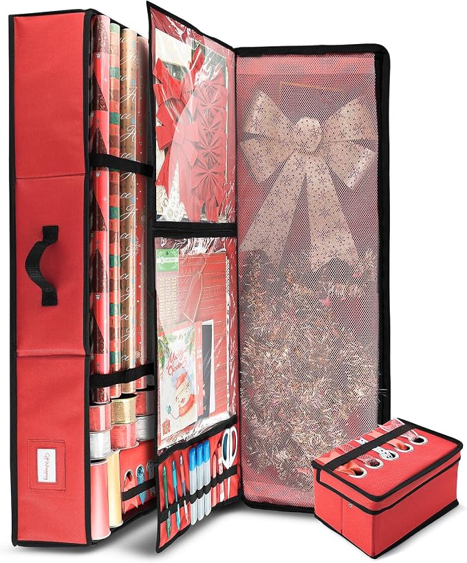 Hearth & Harbor Wrapping Paper Storage Container - Christmas Storage Bag with Ribbon Dispenser and Interior Pockets - Gift Wrap Organizer Fits Up to 26 Rolls of 40" Length, Red