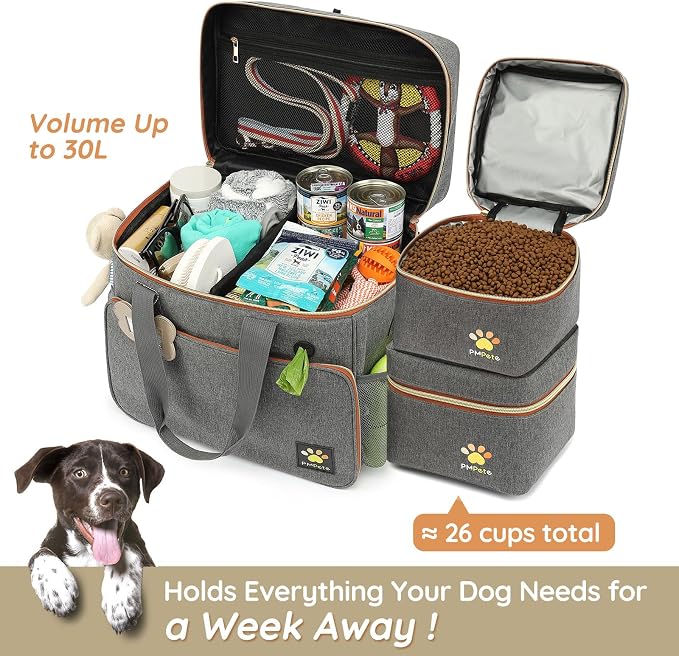 Dog Travel Bag for Traveling| Week Away/Overnight Dog Travel Accessories with Multi-Function Pockets| Travel Set for Dogs and Cats|Ideal Pet Diaper Bag and Pet Gift Kit(Grey)