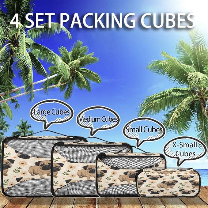 Pug Dog 4 Set Travel Packing Cubes for Accessories, Suitcase Organizers Luggage Bags Set with Double Zippers & Mesh Top