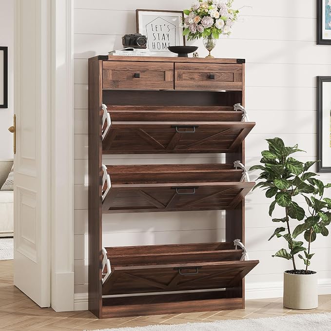 Halitaa Shoe Cabinet with 3 Flip Drawers & 2 Drawers,Freestanding Shoe Storage Cabinet for Entryway,Farmhouse Narrow Slim Organizer Rack for Foyer,Hallway,Dark Walnut