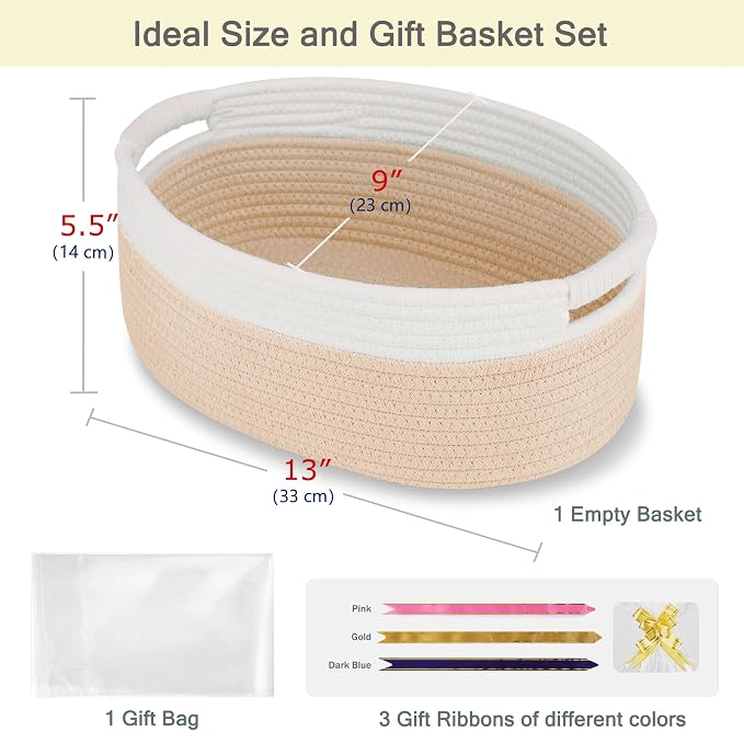 Small Woven Gift Basket with Bag & Ribbons, Beige | Cotton Rope, 13”x 9”x 5.5”, Fits for Kids, Women & Men, Bedroom, Living Room, Nursery & Bathroom Storage, Cat & Dog Toy Boxes