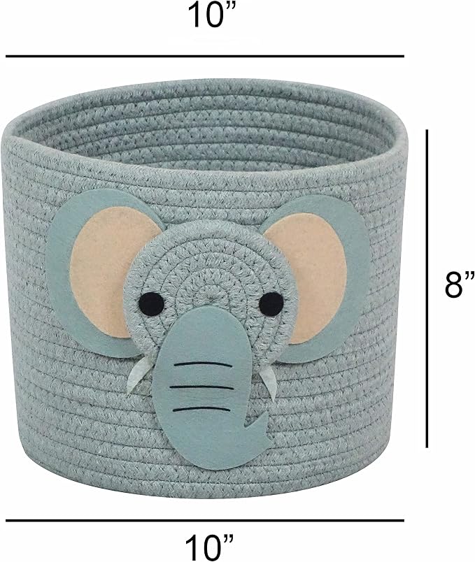 T&T Homewares Small Cotton Rope Baskets with Safari Theme Design for Baby Diaper Organizer, Nursery Storage, Nursery Room Decor, Kids Room Organizer, Cat Dog Toy Storage (Small Elephant)