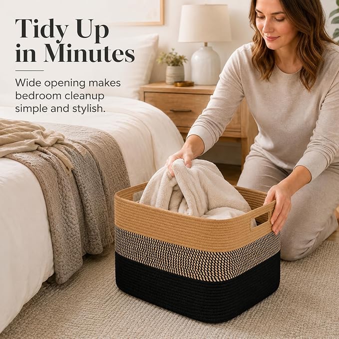 19.2GAL Sturdy Large Laundry Basket with Handles for Dirty Clothes, Portable Aesthetic Boho Cute Woven Storage Blanket Baskets for Living Room Decor and throws pillows Kids Toys Bath Towle Khaki Black