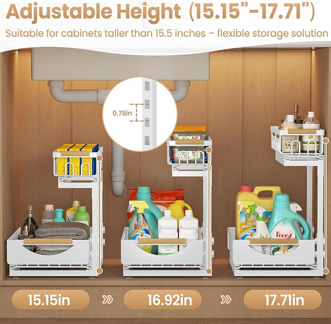 Under Sink Organizer and Storage for Bathroom and Kitchen - 2 Pack 2 Tier | Cabinet Pull Out Shelf Organizers - Slide Out Drawer Organization for Home Cabinets Shelves and Drawers