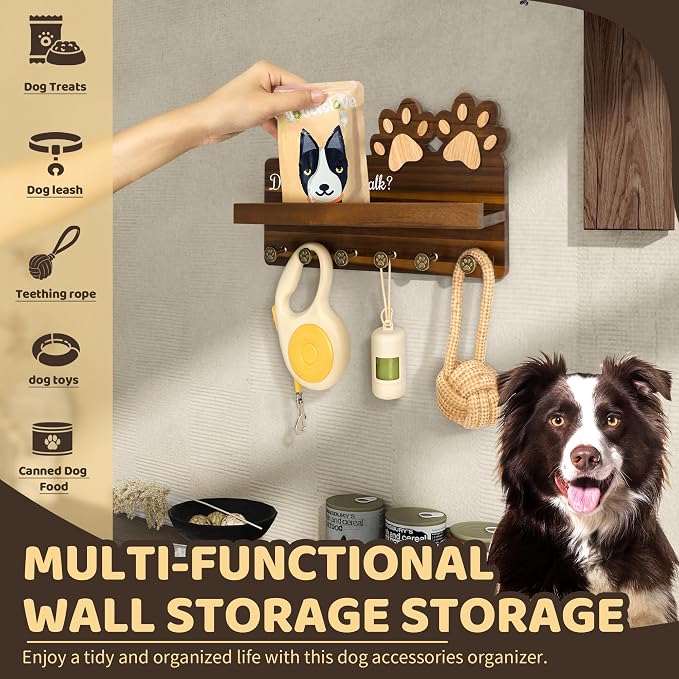 MTERSN Acacia Wood Dog Leash Holder for Wall with Wall Shelf, Dark Brown | 3D Dog Paw Key Holder, Wooden Wall Rack with 6 Key Hooks, Dog Leash Organizer, Rustic Entryway Decor, Perfect Dog Lovers Gift