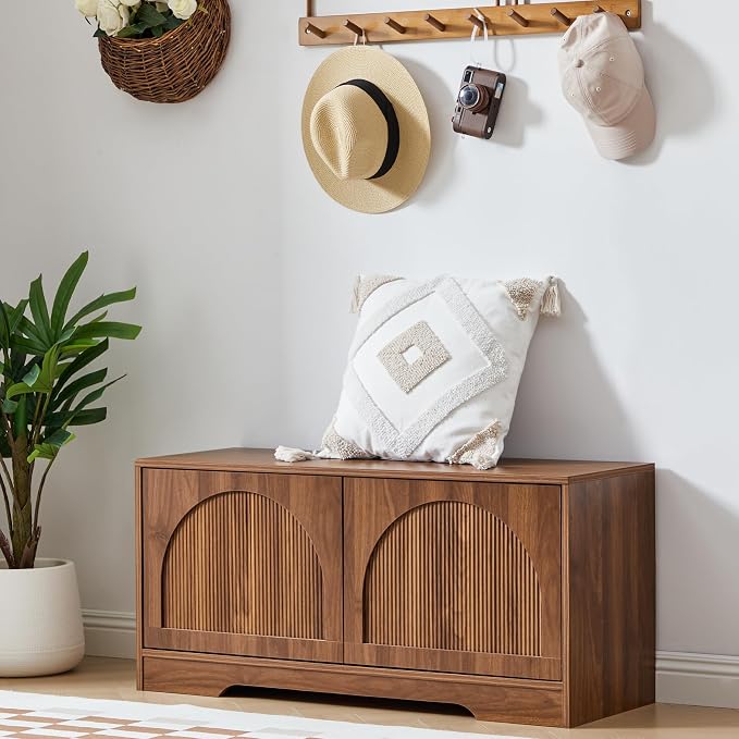 BERRYMERRY 39.4" Fluted Walnut Shoe Storage Bench for Entryway | Arched Door,Entryway,End of Bed,Shoe Cabinet,Adjustable Shelf,Bedroom,Brown,Mid Century Modern