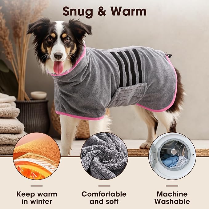 Microfibre Dog Bathrobe Towel Wrap Super Absorbent Dog Drying Coat Bath Robe for Puppy, Medium & Large Dogs, Fast Drying, Adjustable