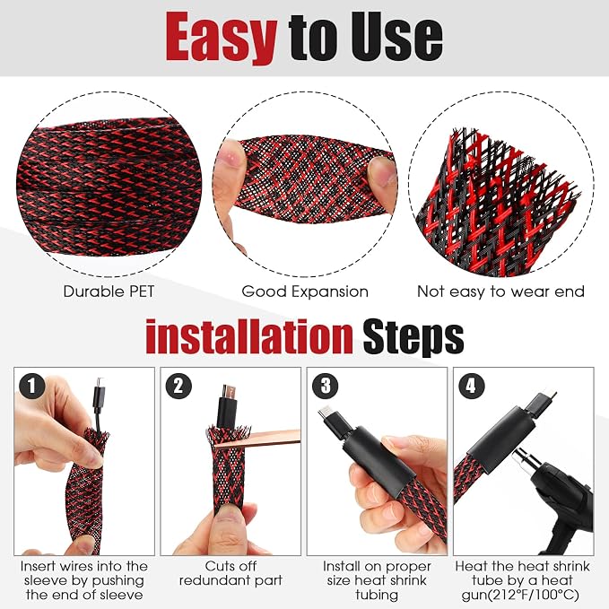 Tatuo 151 ft Braided Cable Sleeve Expandable Wire Sheathing(Red, Black) | with 120 Heat Shrink Tubing 1/4 in 2/5 in 1/2 in 3/4 in Wire Sleeve Cord Management for Television Audio Computer Video Pets