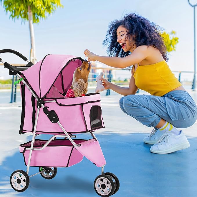 FDW Pet Stroller Foldable Dog Stroller 3-Wheel Durable Cat Jogger Stroller for Small and Medium Dogs Cats with Washable Liner Storage Basket Cup Holder,Pink