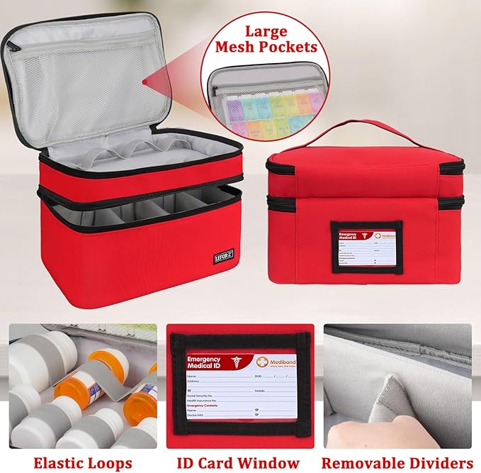 LEFOR·Z Medicine Storage Bag,Double Layers Pill Bottle Organizer Bag Empty | Medical Supplies Bag with Lockable Zipper & Adjustable Divider,Medication Travel Carrying Bag for Pills,Vitamins,Red