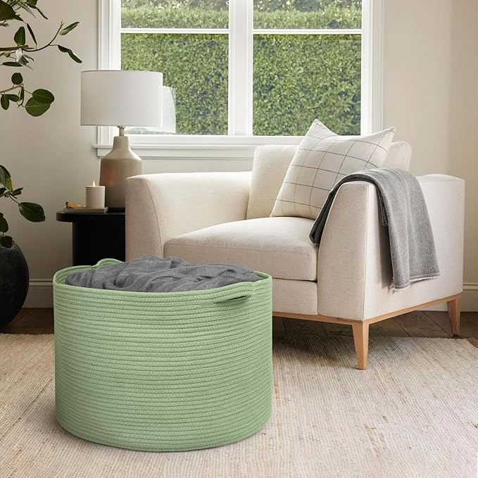115L Oversized Green Basket, 23.6"x15.7" Woven Cotton Rope Bin for Blankets, Nursery Wicker Laundry Hamper, Kids Toy Storage Bin, Sage Green Living Room Bedroom Decor Baskets for Organizing