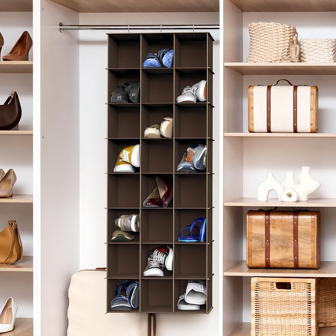 Simple Houseware 24 Section Shelves Hanging Shoes Organizer, Brown | 3 Metal Hooks, 8 Tier, Holds Up to 24 lbs