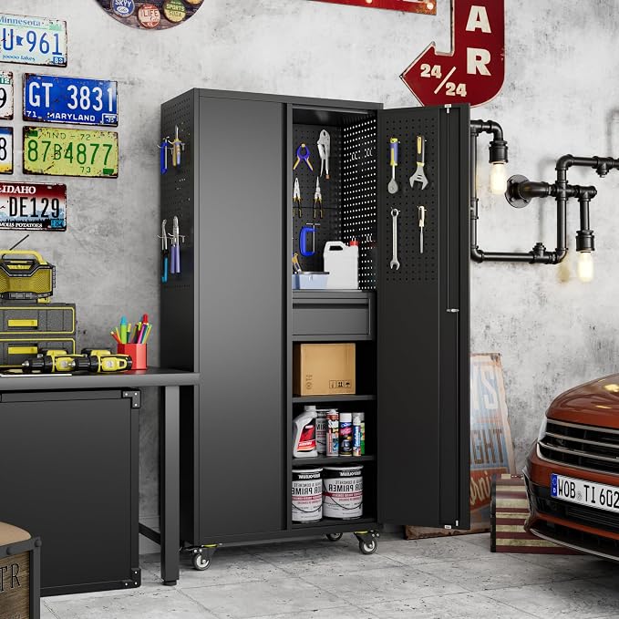 Reemoon Garage Storage Cabinet with Wheels and Doors,Lockable Metal Storage Cabinet with Drawer Pegboard and Hooks for Garage Warehouse Home,Required Assembly,Black,71" H×15" D×30" W