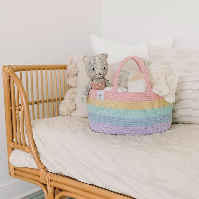OrganiHaus Pastel Rainbow Rope Diaper Caddy Organizer, Nursery Basket | Woven handles; a toy bin, laundry bin, or newborn essentials storage; great for car, baby shower gifts, or bedroom decor