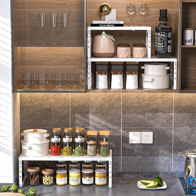 Expandable Adjustable Stackable Kitchen Organizer,Pantry Storage Shelves Racks,for cabinets Shelf, Kitchens, countertops, bathrooms,RV(2Packs/White,Medium)