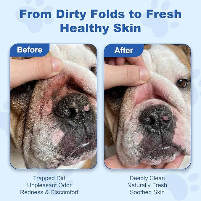 Dog Wrinkle Wipes for Bulldogs & Skin Folds – Gentle Pet Cleaning Wipes for Dogs & Cats, Remove Dirt, Odor & Build-Up from Wrinkles, Tail Pockets & Paws – Alcohol-Free Plant-Based Formula