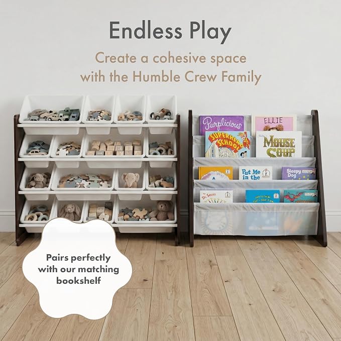 Humble Crew Kids Toy Organizer with 16 Bins, 4 Tier Storage for Playroom | Sturdy wood and steel toddler shelf, removable BPA-free containers, wall anchor anti-tip safety kit for bedroom or classroom