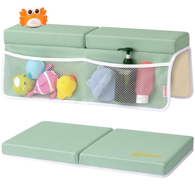 Bath Kneeler and Elbow Rest Pad Set, 1.5” Thick Bathtub Kneeling Mat | Cozy Memory Foam, Non-Slip 6 Suction Cups and 4 Toys Organizer Pockets, Quick-Dry Bath Kneeling Pad for Babies Toddlers