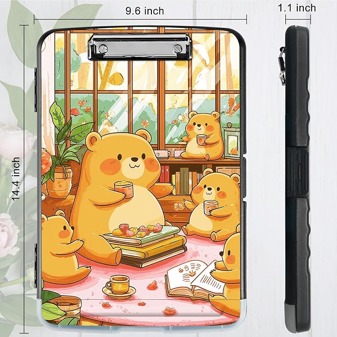 A4 Clipboard with Storage Pen Holder, Clipboards Organizer Nursing Clipboard Foldable File Folder Plastic Clipboard Folio Clip Board for Office Work Classroom Doctor, Bear Lunch
