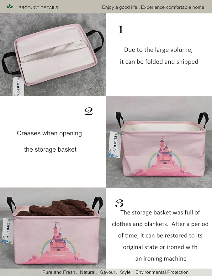 Rectangular Pink Castle Princess Closet Bedroom Storage Bin | Waterproof stain-proof cotton canvas, reinforced side grips, fairy castle print for girls, daily sundry arrangement