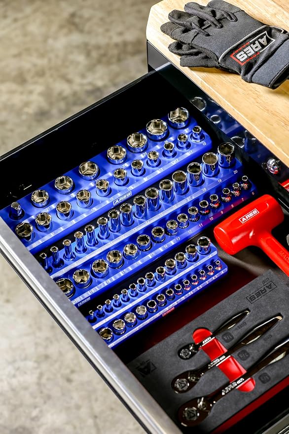 ARES 60036 3-Pc 1/4,3/8,1/2-In Blue Metric Magnetic Socket Organizer | Part No. 60036; Includes 1/4-Inch, 3/8-Inch, and 1/2-Inch Socket Holders