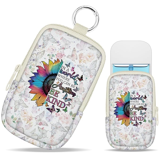 Hand Sanitizer Holder,Sunflower Be Kind Spray Case Zippered Pouch | Keychain, Travel Size, Cute Fashion Accessory with Snap Hook, for Glow Mist and Power Mist 1FL OZ, Mini Small Pocket Clip on