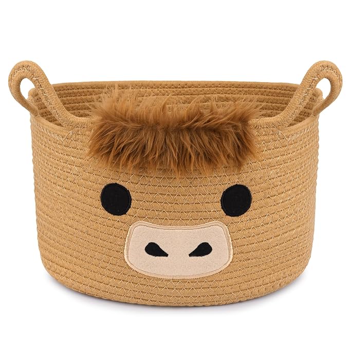 Oval Highland Cute Cow Basket for Nursery, Large Woven Gift Basket | Shelves Rope Cotton Storage Bins for Gifts Empty, Baby Shower Blanket with Handles,Towel Burr Decorative, 13"D x 8"H IN