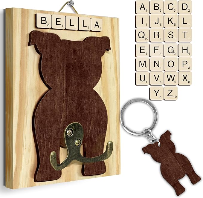 Pitbull Dog Leash Holder Wall Mount with Scrabble Letters, Wooden Dog Wall Hook Organizer, Pet Collar and Harness Hanger for Entryway, Key Hook Gift for Pet Lovers, Home Decoration PF297-55