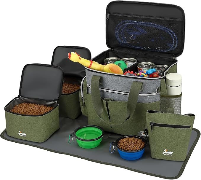 Dog Travel Bag for Pet Kit for Supplies with 2 Food Storage Containers 2 Collapsible Bowls 1 Feeding Mat 1 Dog Treat Pouch 7-Piece Set Perfect Road Trips Camping Weekend (Olive Green)