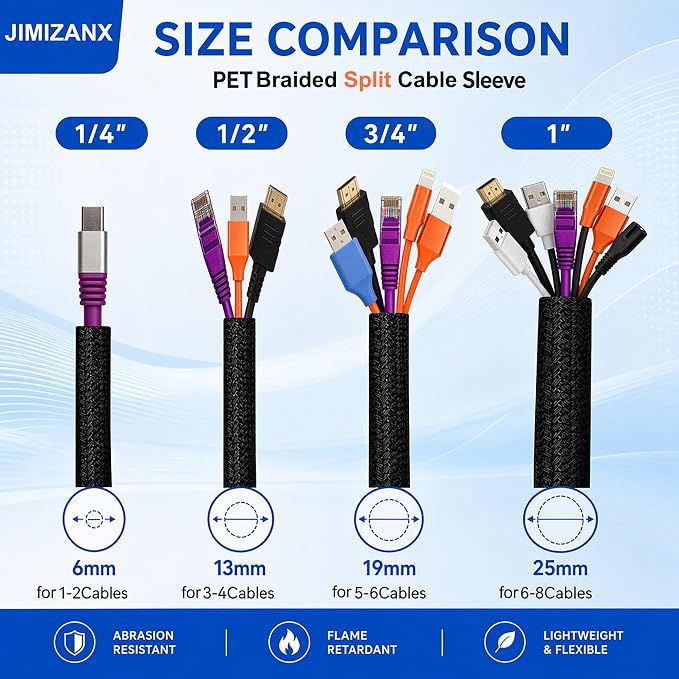 1/2" Split Cable Sleeves, Heavy Duty Wire Cover Cable Sheath to Hide Cords | Black 10ft Reusable Wire Organizer Flexible Abrasion Resistance Wire Loom Wrap for Car Desk Computer Pet Chew Protection
