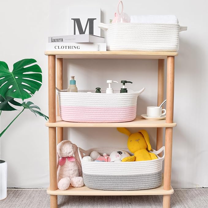ABenkle Small Storage Basket with Handles, Cotton Rope Woven Dog Cat Toy Bin, Decorative Shelves Closet Organizing for Nursery Laundry Bedroom, 14.2''x 11''x 5.1''