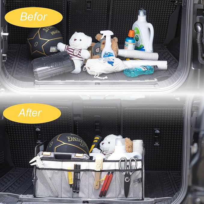 JiatuA Car Trunk Organizer, Collapsible Car Organizers and Storage Grey | Sturdy, Large Capacity, Clean Decor, Multi Compartment Container Box, Adjustable Car Accessories for SUV Sedan Truck